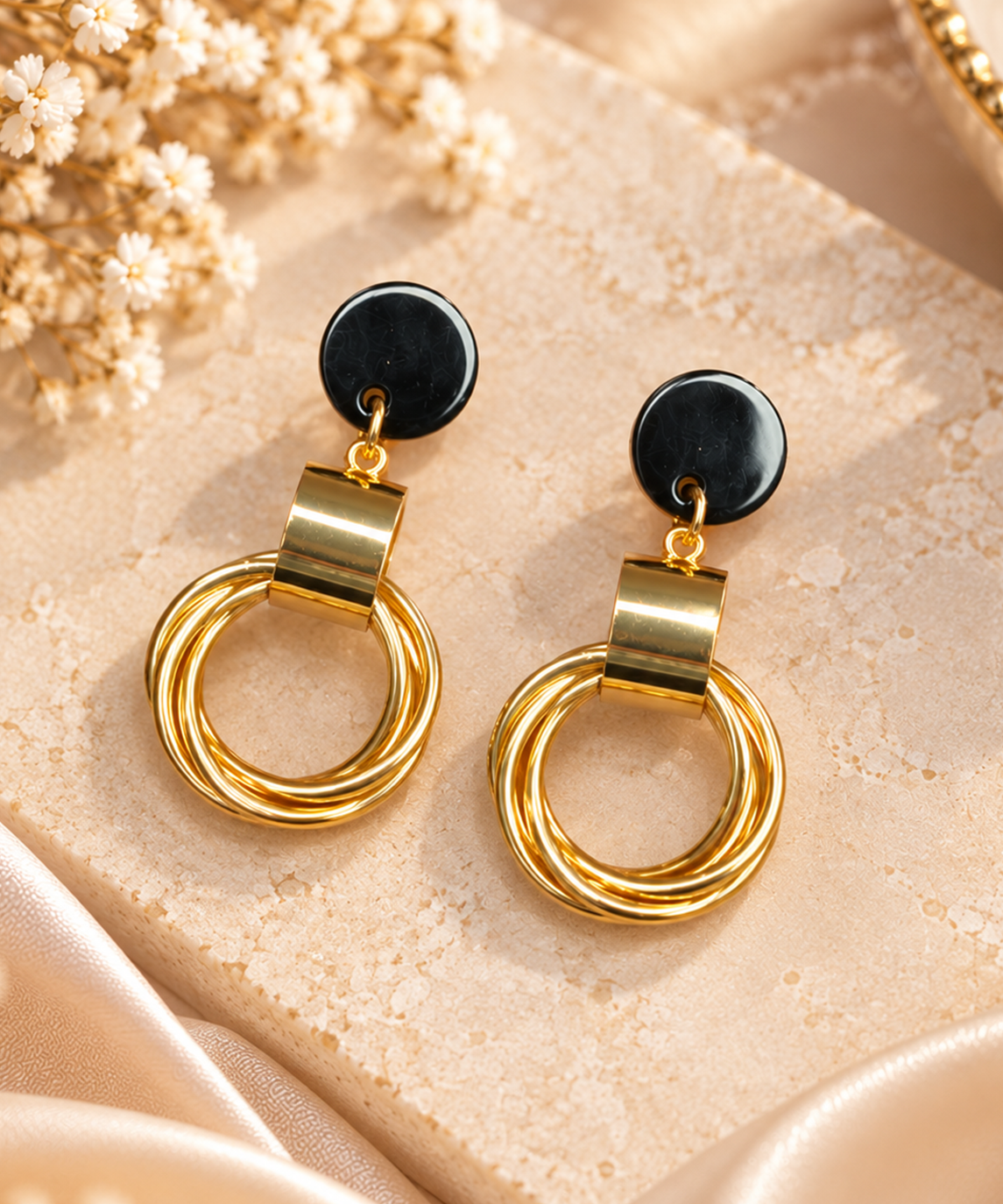 Glossy Black and Gold Hoop Earrings