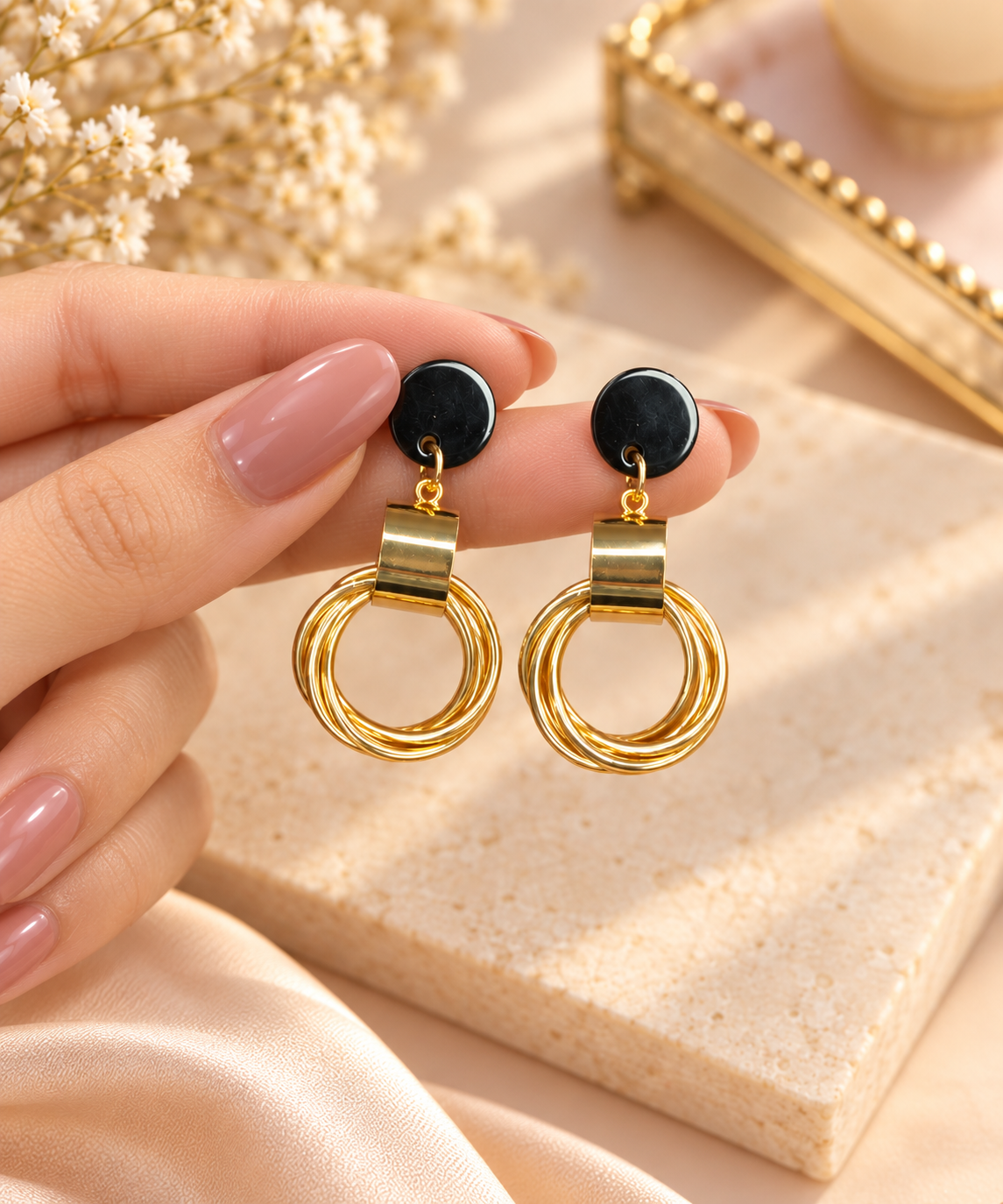 Glossy Black and Gold Hoop Earrings