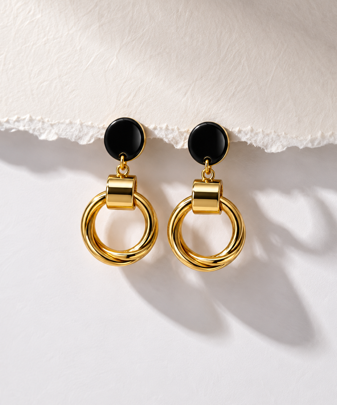 Glossy Black and Gold Hoop Earrings