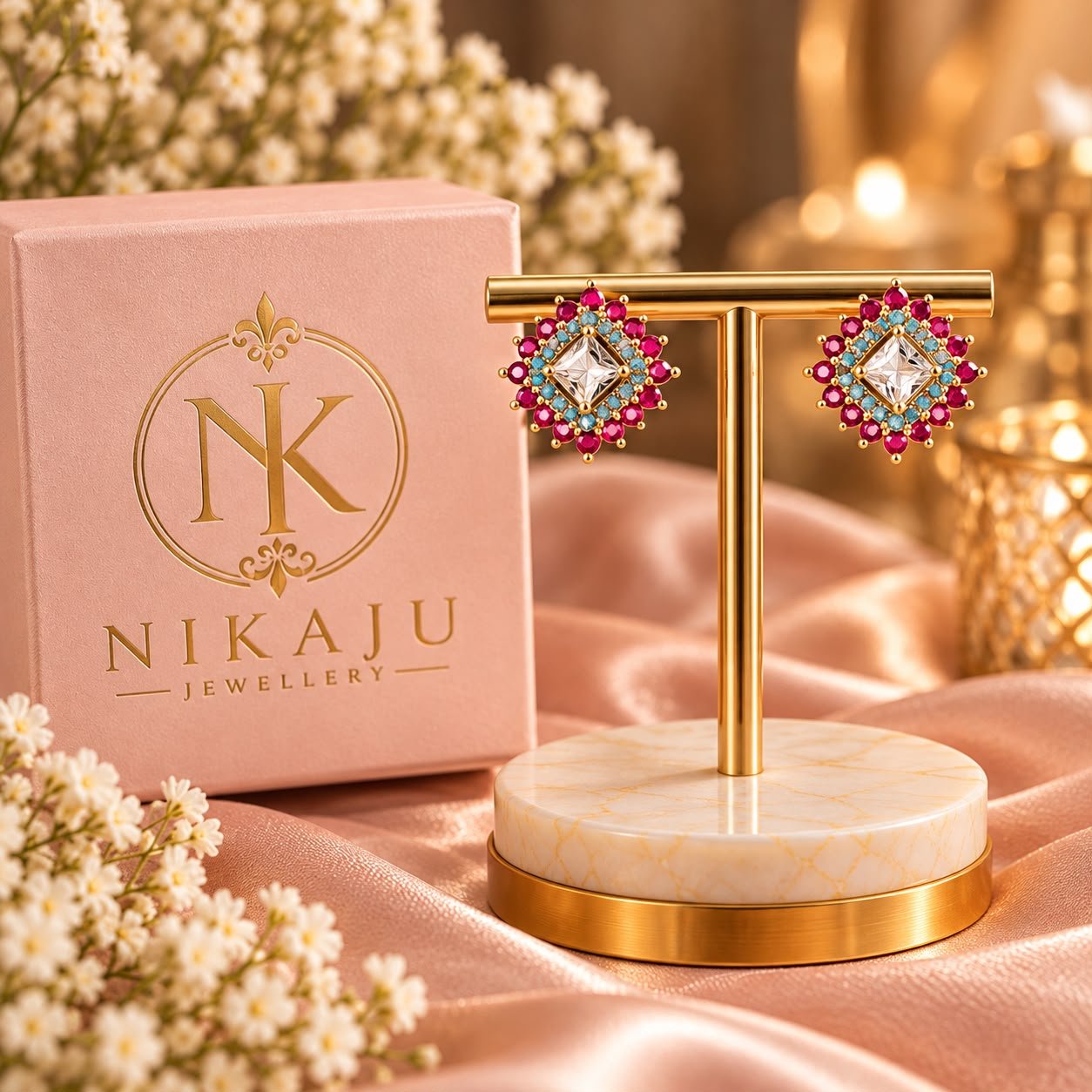 Fuchsia & Aqua Crystal Floral Studs