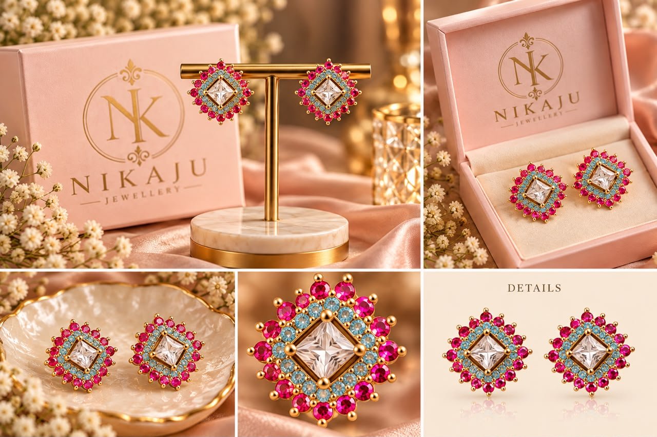 Fuchsia & Aqua Crystal Floral Studs